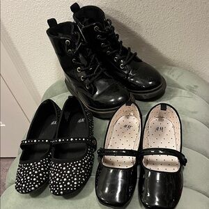 H&M Girls Lot Dress 2x Ballet Flats and patent leather Black Boots sz 1 & 13.5